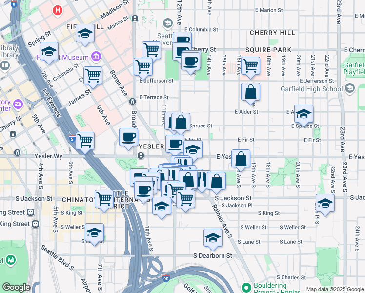 map of restaurants, bars, coffee shops, grocery stores, and more near 118 12th Avenue in Seattle