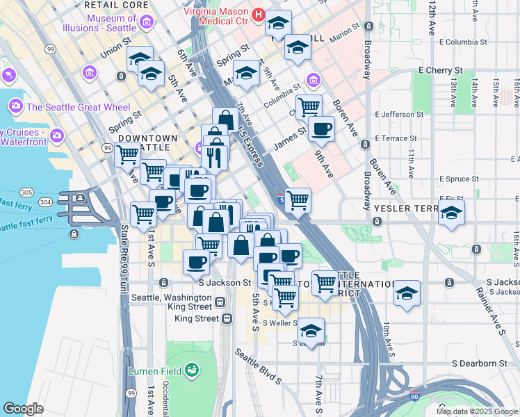 map of restaurants, bars, coffee shops, grocery stores, and more near 300 5th Avenue in Seattle