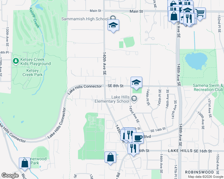 map of restaurants, bars, coffee shops, grocery stores, and more near 802 141st Place Southeast in Bellevue