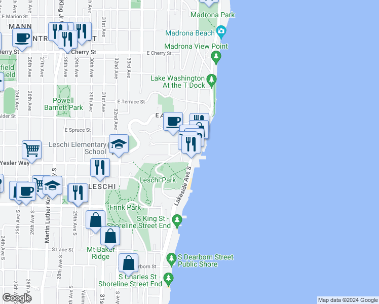 map of restaurants, bars, coffee shops, grocery stores, and more near 157 Erie Avenue in Seattle