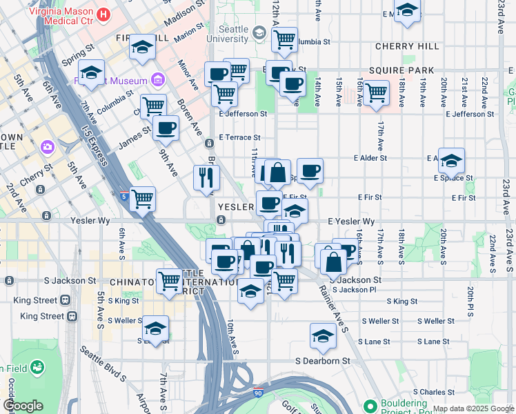 map of restaurants, bars, coffee shops, grocery stores, and more near in Seattle