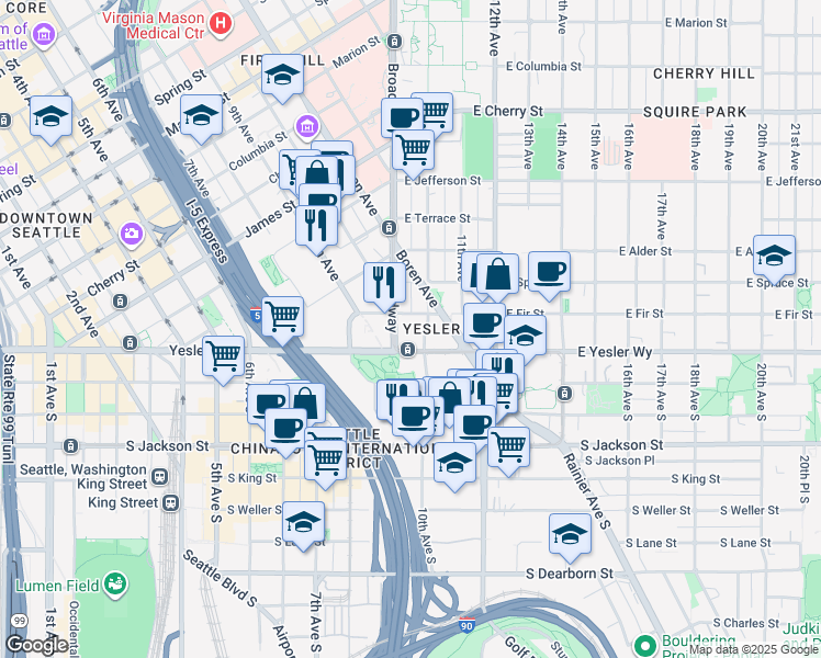 map of restaurants, bars, coffee shops, grocery stores, and more near 624 Broadway in Seattle