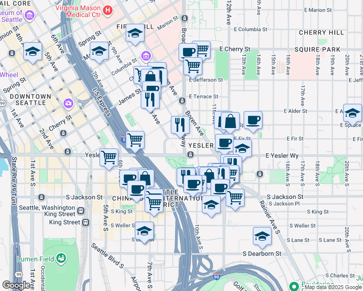 map of restaurants, bars, coffee shops, grocery stores, and more near 624 Broadway in Seattle