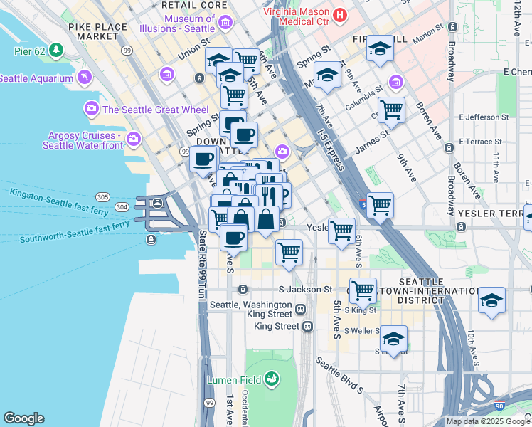 map of restaurants, bars, coffee shops, grocery stores, and more near 602 2nd Avenue in Seattle