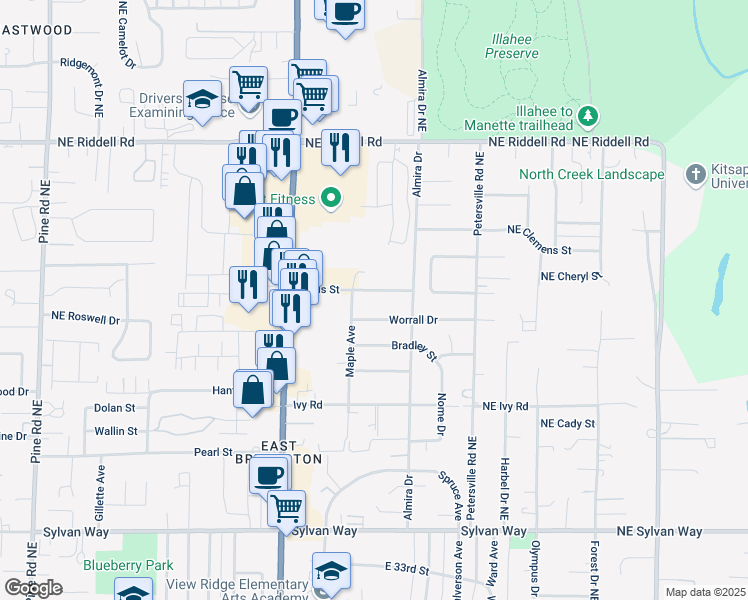 map of restaurants, bars, coffee shops, grocery stores, and more near 1315 Hollis Street in Bremerton