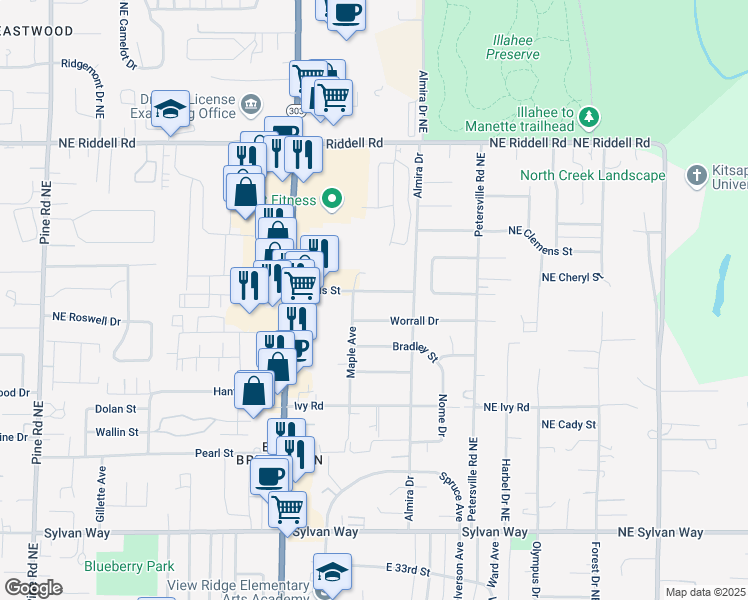 map of restaurants, bars, coffee shops, grocery stores, and more near 1315 Hollis Street in Bremerton