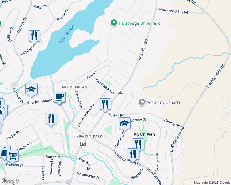 map of restaurants, bars, coffee shops, grocery stores, and more near 2 Cambridge Avenue in St. John's