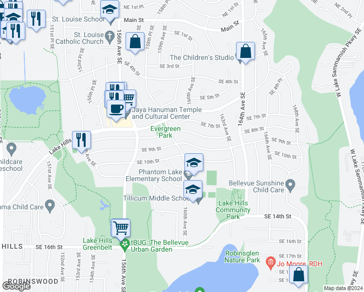 map of restaurants, bars, coffee shops, grocery stores, and more near 15907 Southeast 9th Street in Bellevue