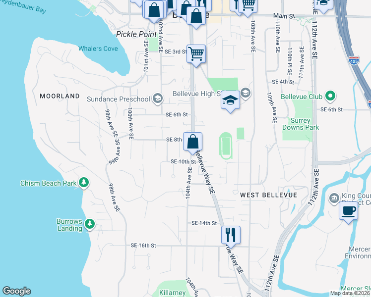 map of restaurants, bars, coffee shops, grocery stores, and more near 820 103rd Avenue Southeast in Bellevue