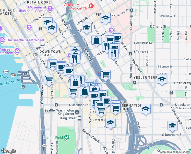 map of restaurants, bars, coffee shops, grocery stores, and more near 518 Yesler Way in Seattle