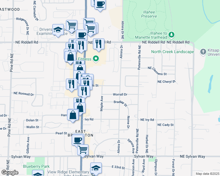 map of restaurants, bars, coffee shops, grocery stores, and more near 1315 Hollis Street in Bremerton