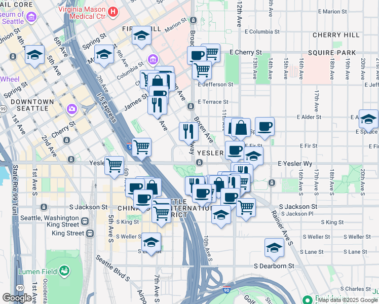 map of restaurants, bars, coffee shops, grocery stores, and more near 624 Broadway in Seattle