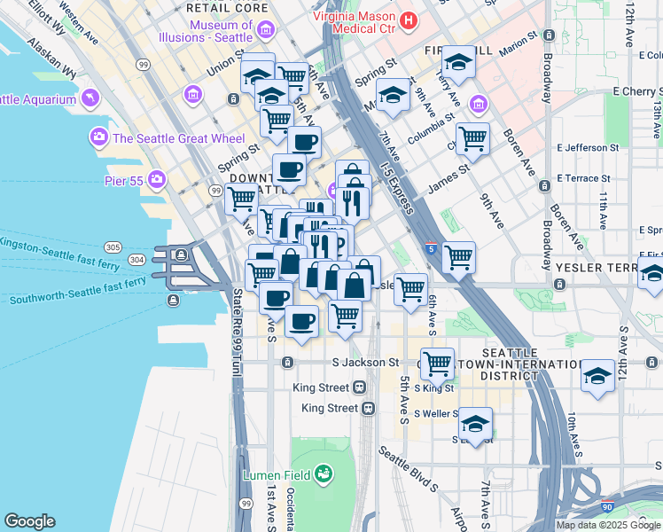 map of restaurants, bars, coffee shops, grocery stores, and more near 509 3rd Avenue in Seattle