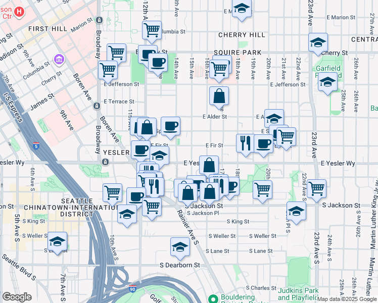 map of restaurants, bars, coffee shops, grocery stores, and more near 121 15th Avenue in Seattle