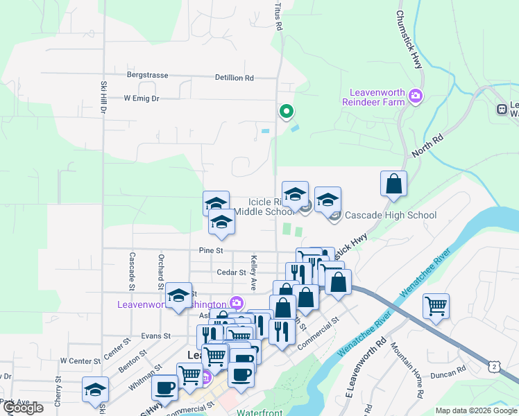 map of restaurants, bars, coffee shops, grocery stores, and more near 10170 Titus Road in Leavenworth