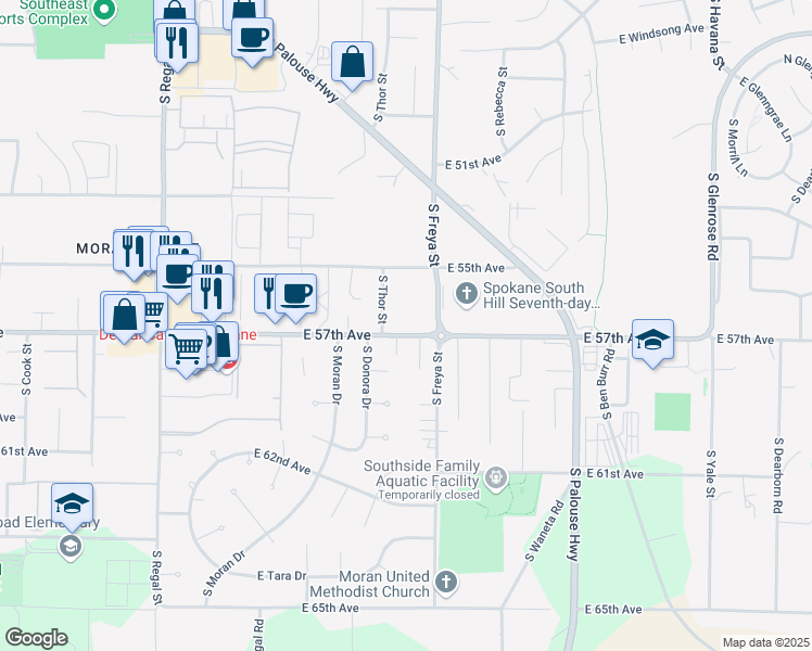 map of restaurants, bars, coffee shops, grocery stores, and more near 3509 East 57th Avenue in Spokane