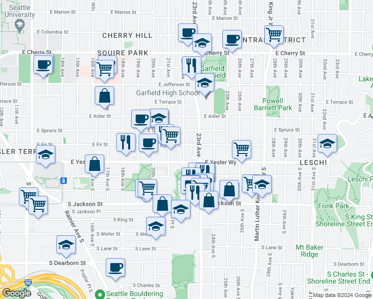 map of restaurants, bars, coffee shops, grocery stores, and more near 127 East Fir Street in Seattle