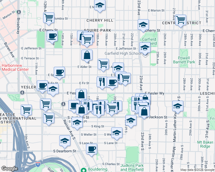 map of restaurants, bars, coffee shops, grocery stores, and more near 1905 East Fir Street in Seattle