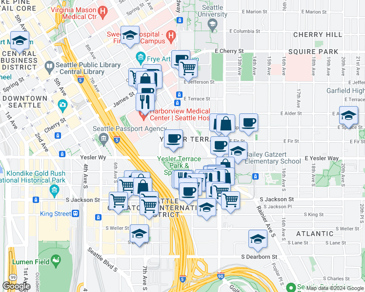 map of restaurants, bars, coffee shops, grocery stores, and more near 624 Broadway in Seattle
