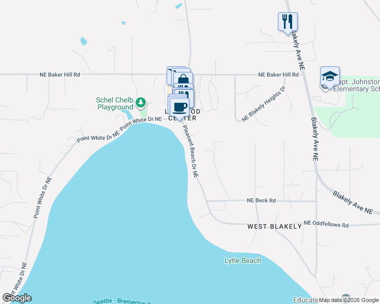 map of restaurants, bars, coffee shops, grocery stores, and more near 4323 Pleasant Beach Drive Northeast in Bainbridge Island