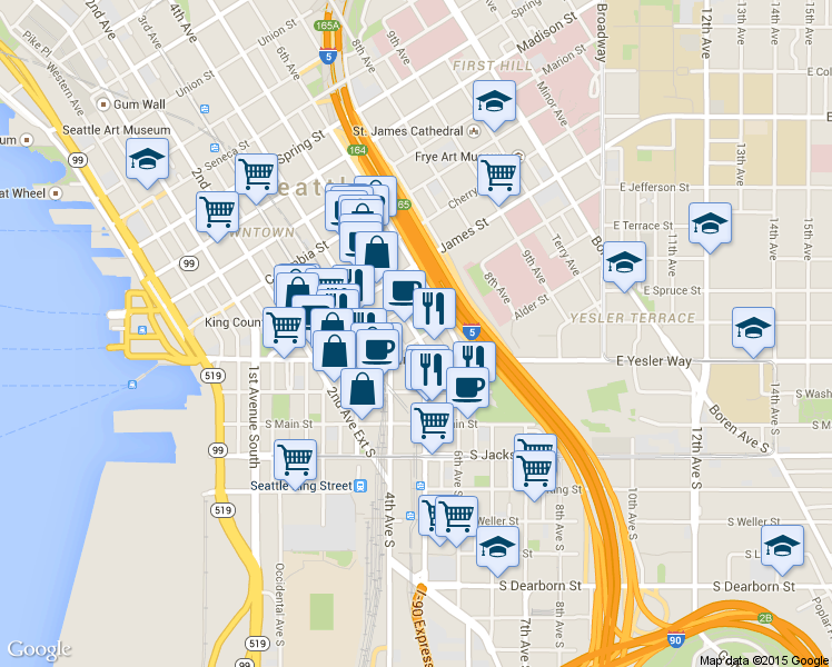 map of restaurants, bars, coffee shops, grocery stores, and more near 418 5th Avenue in Seattle