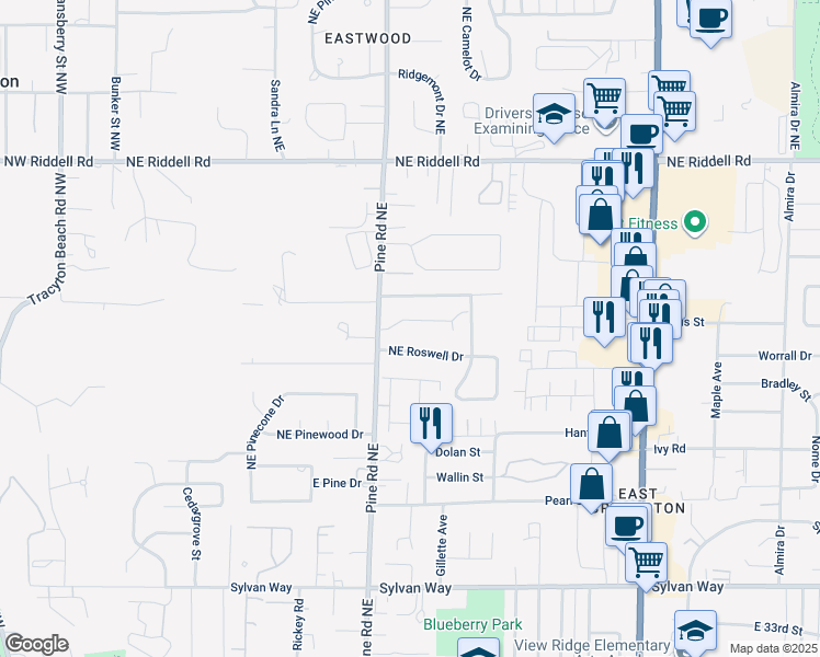 map of restaurants, bars, coffee shops, grocery stores, and more near 629 Northeast Flagstone Lane in Bremerton
