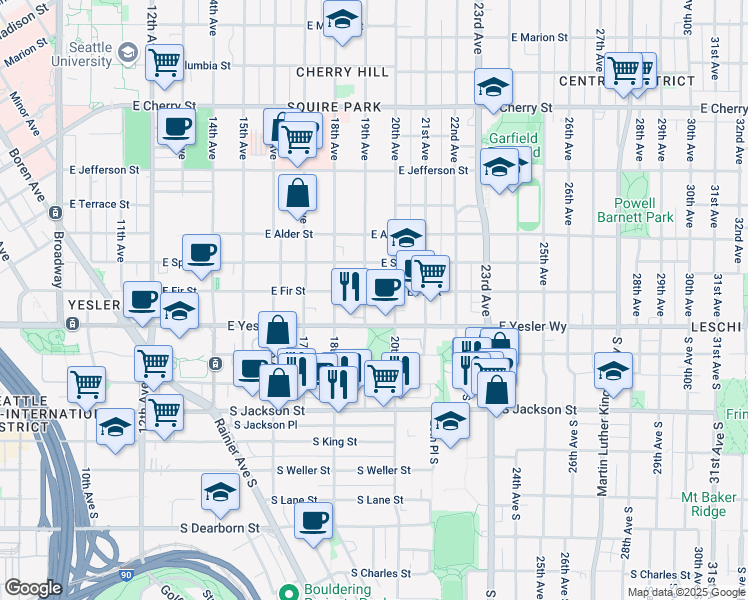 map of restaurants, bars, coffee shops, grocery stores, and more near 1905 East Fir Street in Seattle