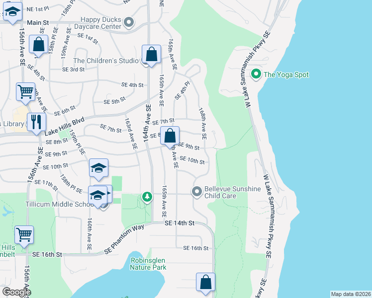 map of restaurants, bars, coffee shops, grocery stores, and more near 16623 Southeast 9th Street in Bellevue