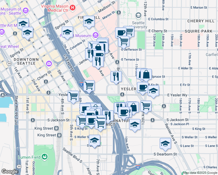 map of restaurants, bars, coffee shops, grocery stores, and more near 120 8th Avenue in Seattle