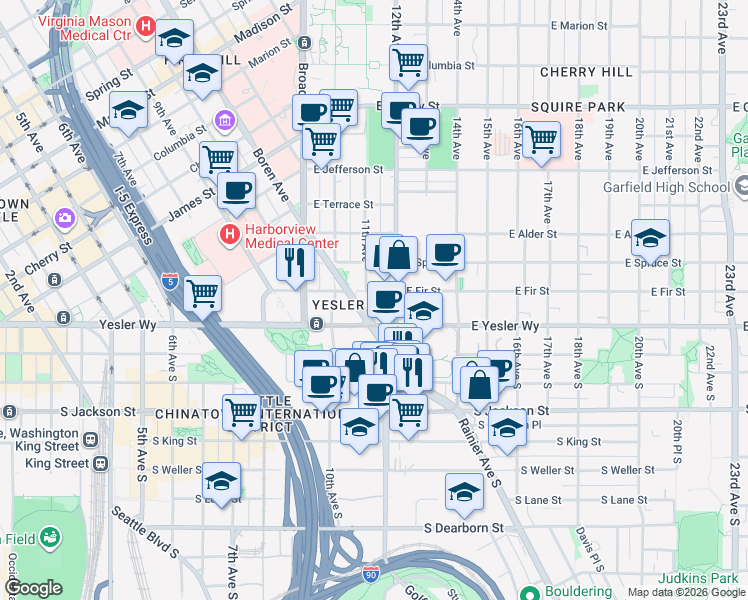 map of restaurants, bars, coffee shops, grocery stores, and more near 1105 East Fir Street in Seattle
