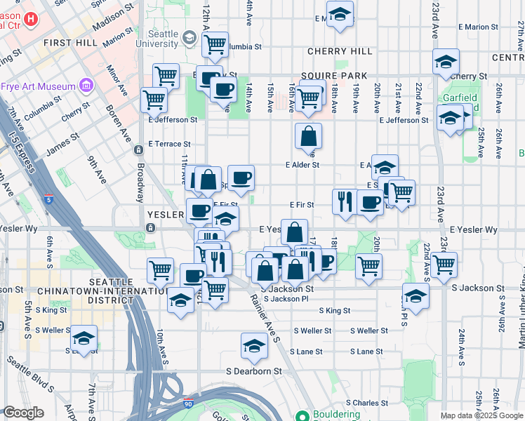 map of restaurants, bars, coffee shops, grocery stores, and more near 1421 East Fir Street in Seattle