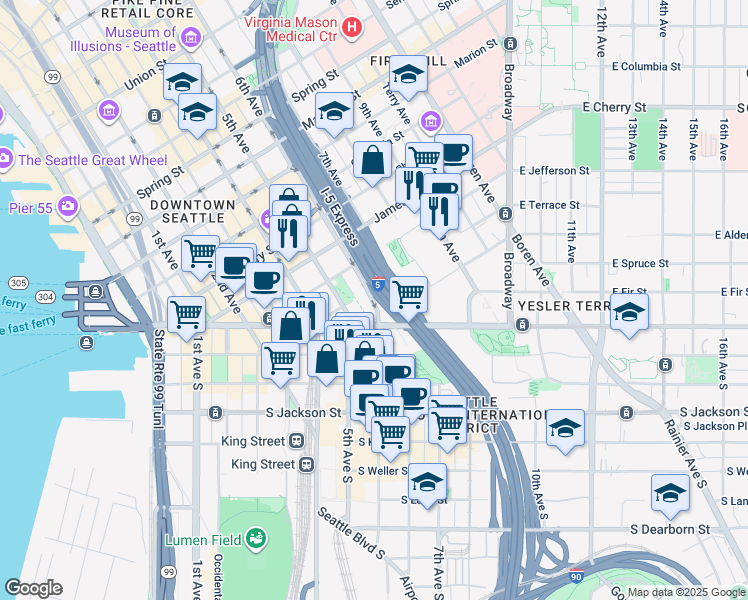 map of restaurants, bars, coffee shops, grocery stores, and more near 120 6th Avenue in Seattle