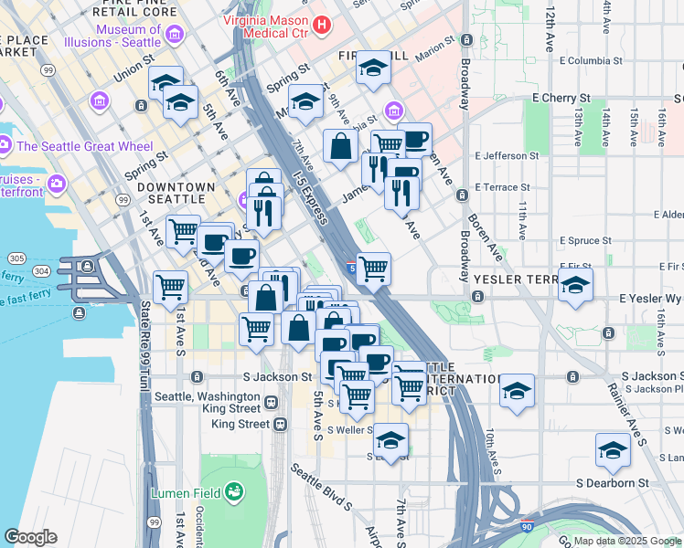 map of restaurants, bars, coffee shops, grocery stores, and more near 120 6th Avenue in Seattle
