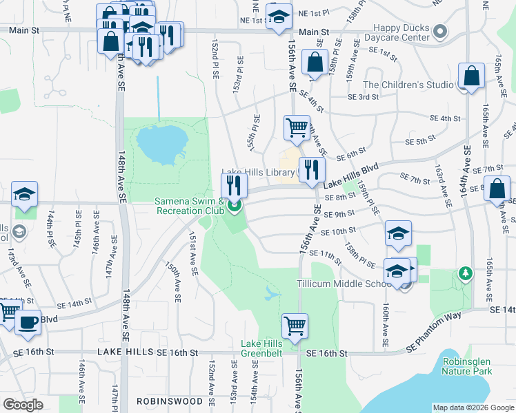 map of restaurants, bars, coffee shops, grocery stores, and more near 15419 Southeast 8th Street in Bellevue
