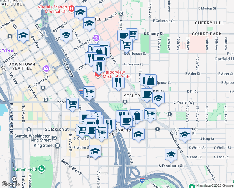 map of restaurants, bars, coffee shops, grocery stores, and more near 123 Broadway in Seattle