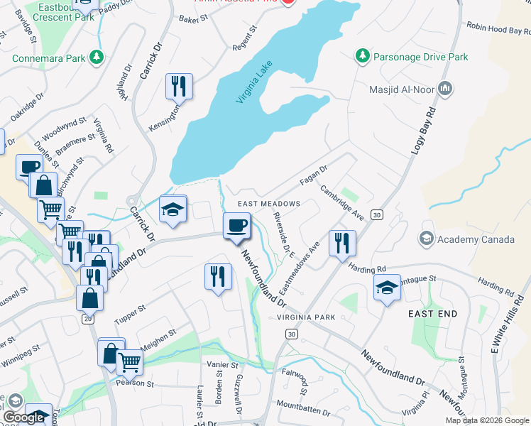 map of restaurants, bars, coffee shops, grocery stores, and more near 56 Fagan Drive in St. John's