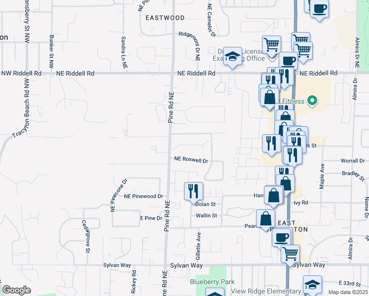 map of restaurants, bars, coffee shops, grocery stores, and more near 629 Northeast Flagstone Lane in Bremerton
