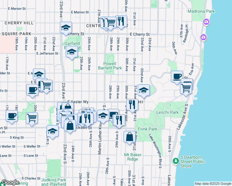 map of restaurants, bars, coffee shops, grocery stores, and more near 125 29th Avenue in Seattle