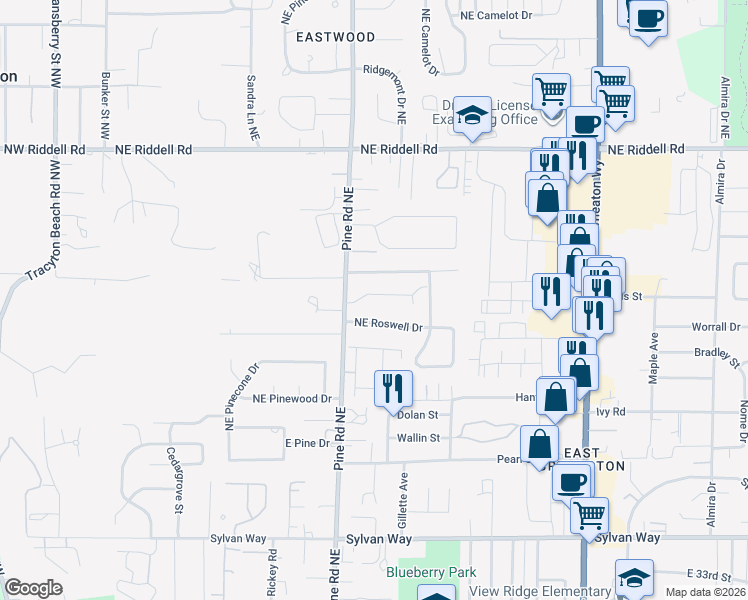 map of restaurants, bars, coffee shops, grocery stores, and more near 623 Northeast Flagstone Lane in Bremerton