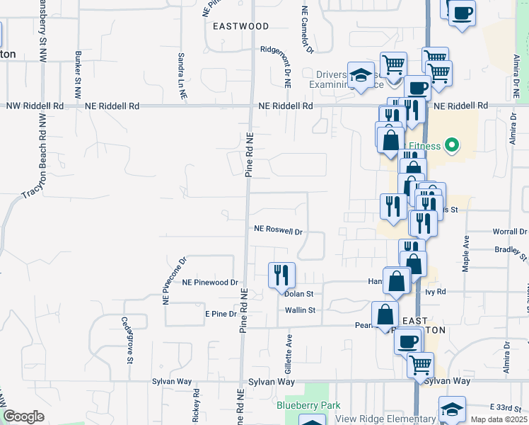 map of restaurants, bars, coffee shops, grocery stores, and more near 617 Northeast Flagstone Lane in Bremerton