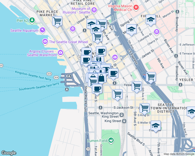 map of restaurants, bars, coffee shops, grocery stores, and more near 620 1st Avenue in Seattle