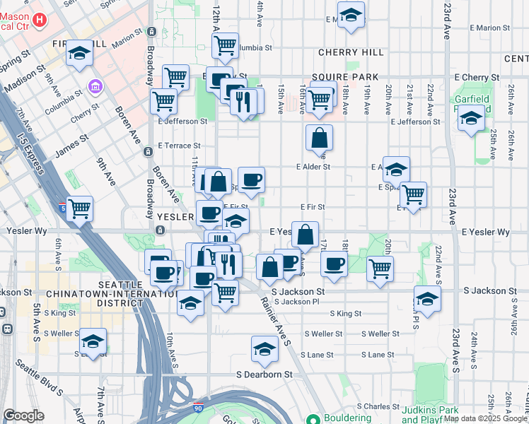 map of restaurants, bars, coffee shops, grocery stores, and more near 1305 East Fir Street in Seattle