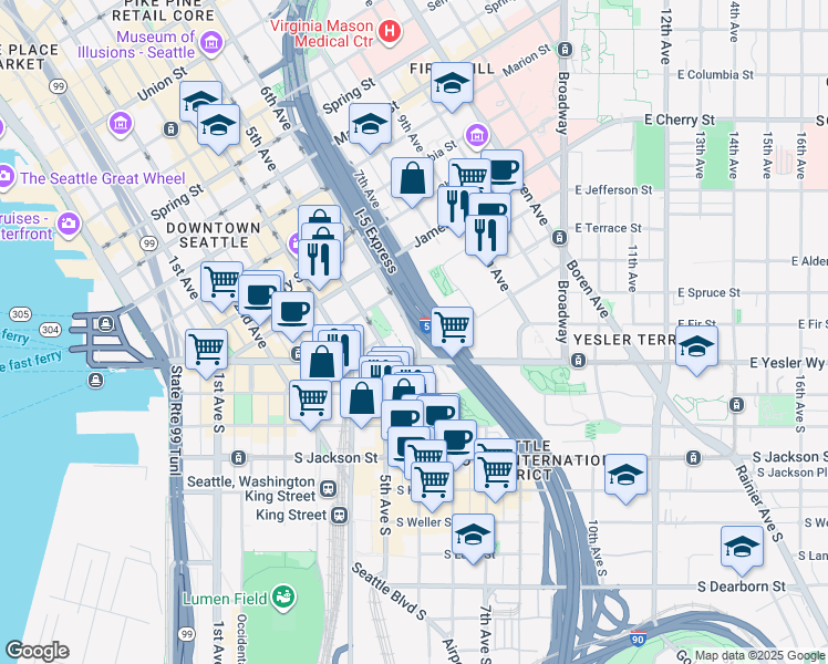 map of restaurants, bars, coffee shops, grocery stores, and more near 47 6th Avenue in Seattle
