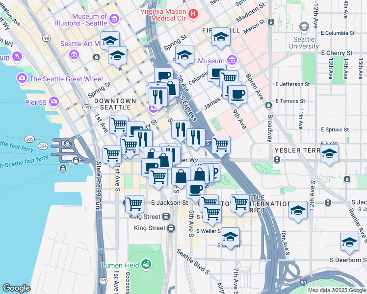 map of restaurants, bars, coffee shops, grocery stores, and more near 401 5th Avenue in Seattle