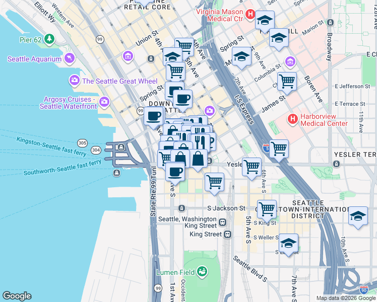 map of restaurants, bars, coffee shops, grocery stores, and more near 602 2nd Avenue in Seattle