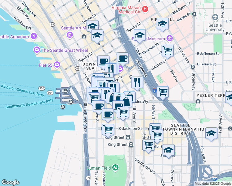 map of restaurants, bars, coffee shops, grocery stores, and more near in Seattle