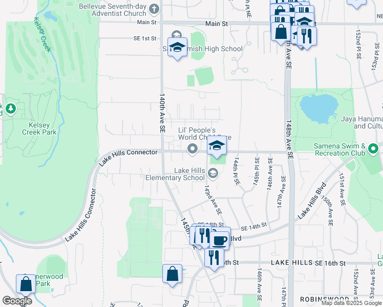 map of restaurants, bars, coffee shops, grocery stores, and more near 14201 Southeast 8th Street in Bellevue