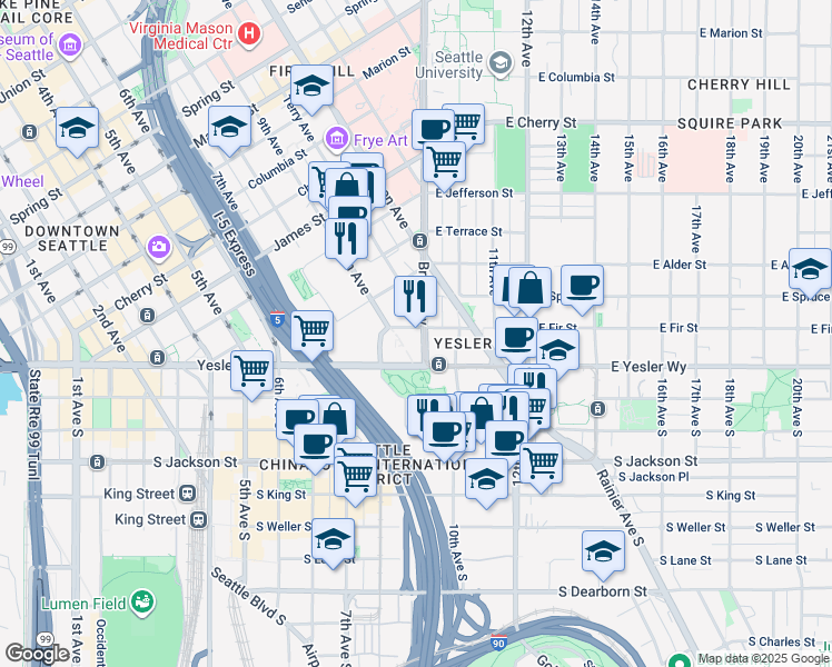 map of restaurants, bars, coffee shops, grocery stores, and more near 123 Broadway in Seattle