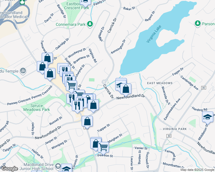 map of restaurants, bars, coffee shops, grocery stores, and more near 20 Carrick Drive in St. John's
