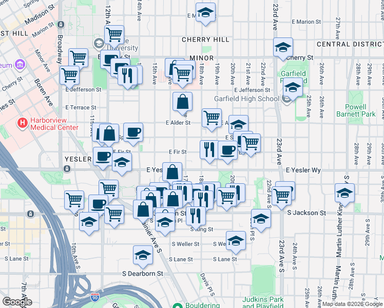 map of restaurants, bars, coffee shops, grocery stores, and more near 150 17th Avenue in Seattle